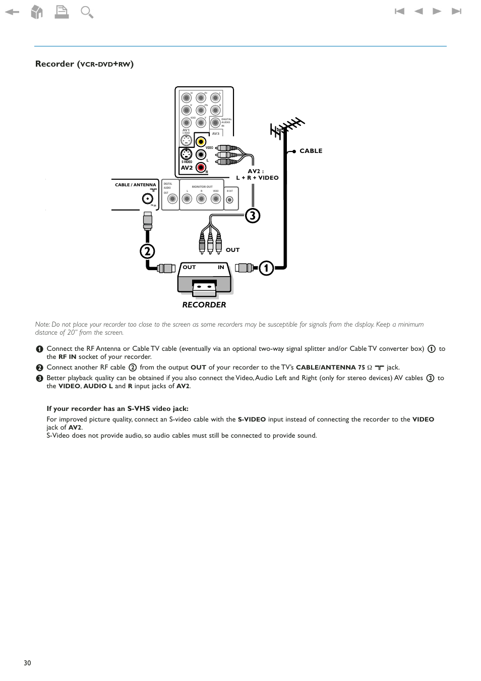 Recorder (vcr-dvd+rw), Recorder, Socket of your recorder | Connect another rf cable 2 from the output, Of your recorder to the tv’s, X jack, Input jacks of, Input instead of connecting the recorder to the, Jack of | Philips 42" LCD flat HDTV Pixel Plus 2 HD User Manual | Page 32 / 54