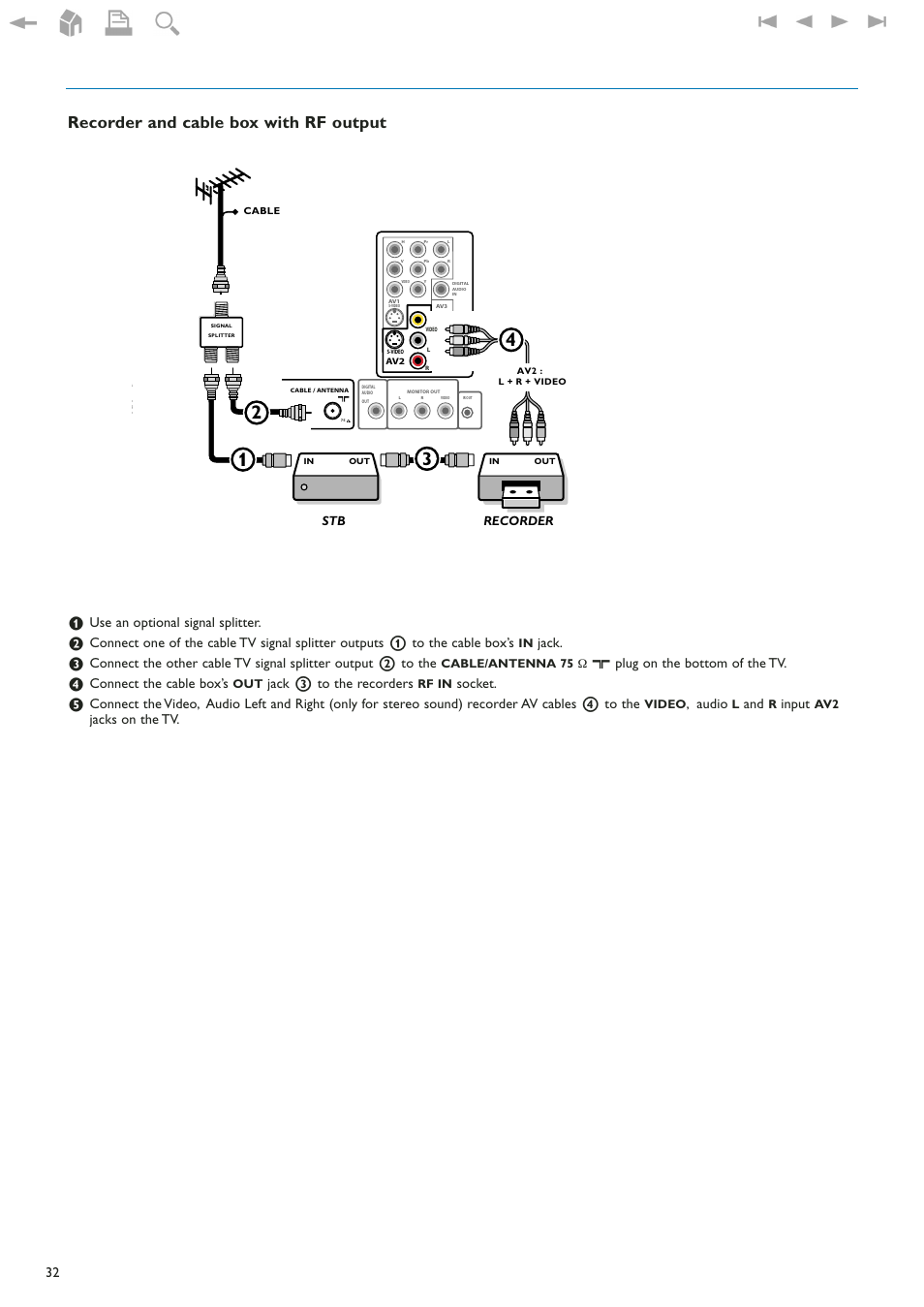 Recorder and cable box with rf output, Use an optional signal splitter, Jack | X plug on the bottom of the tv, Connect the cable box’s, Jack 3 to the recorders, Socket, Audio, Input, Jacks on the tv | Philips 42" LCD flat HDTV Pixel Plus 2 HD User Manual | Page 34 / 54