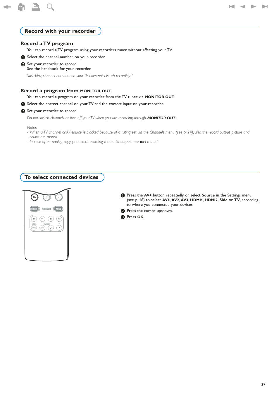 Record a tv program, Record a program from monitor out, Record with your recorder | Record a program from | Philips 42" LCD flat HDTV Pixel Plus 2 HD User Manual | Page 39 / 54