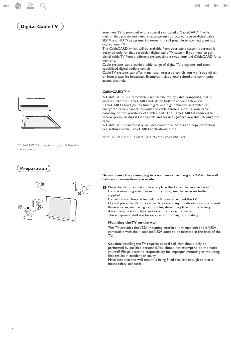 Digital cable tv preparation, Preparation, Digital cable tv | Philips 42" LCD flat HDTV Pixel Plus 2 HD User Manual | Page 4 / 54