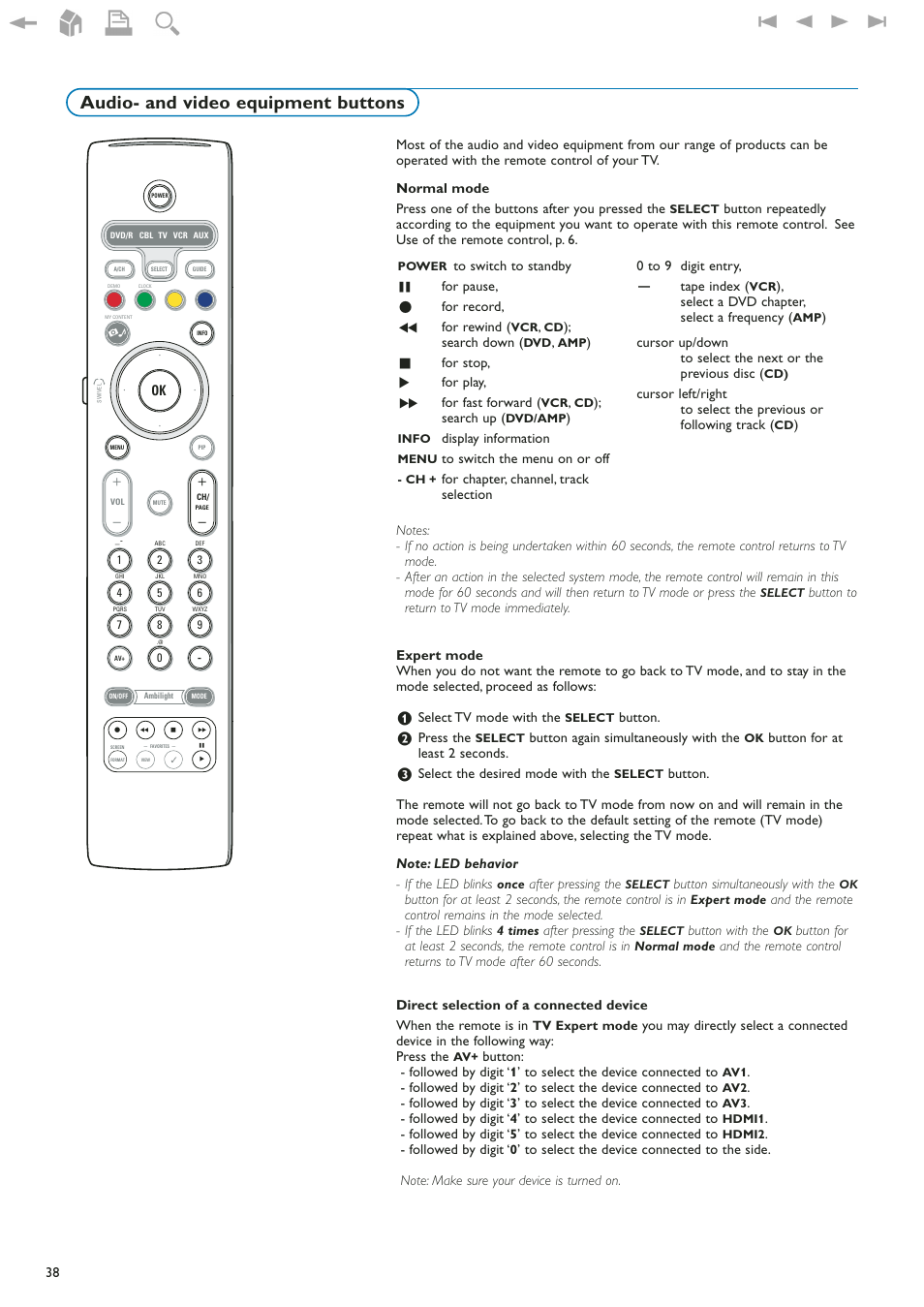 Audio- and video equipment buttons | Philips 42" LCD flat HDTV Pixel Plus 2 HD User Manual | Page 40 / 54