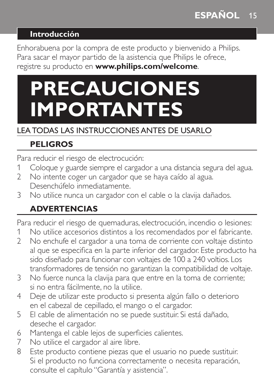 Español, Precauciones importantes | Philips HX6211-04 User Manual | Page 15 / 40