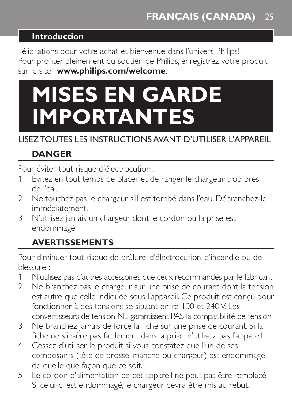 Français (canada), Mises en garde importantes | Philips HX6211-04 User Manual | Page 25 / 40