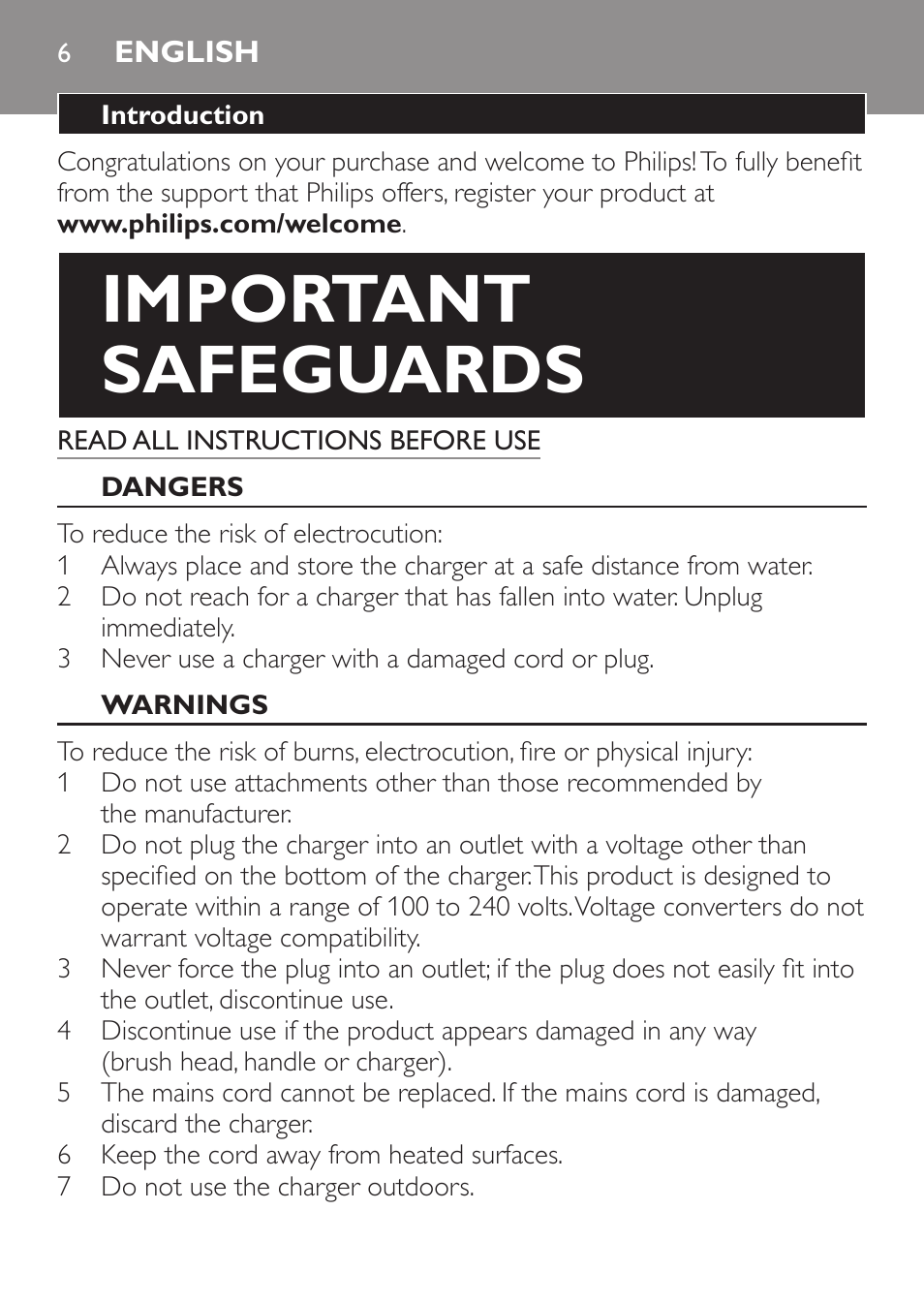 English, Important safeguards | Philips HX6211-04 User Manual | Page 6 / 40