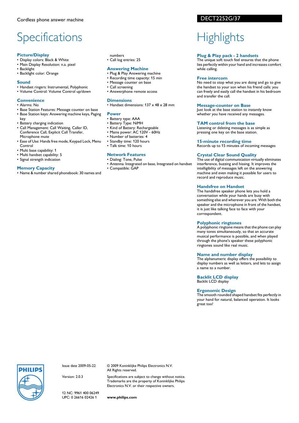 Specifications, Highlights | Philips DECT2252G-37 User Manual | Page 2 / 2