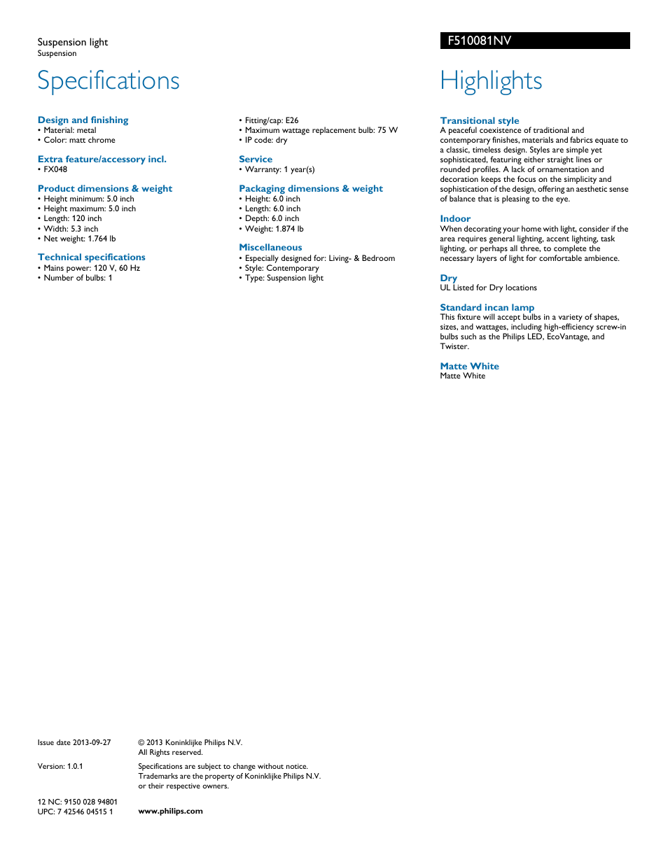 Specifications, Highlights | Philips F510081NV User Manual | Page 2 / 2
