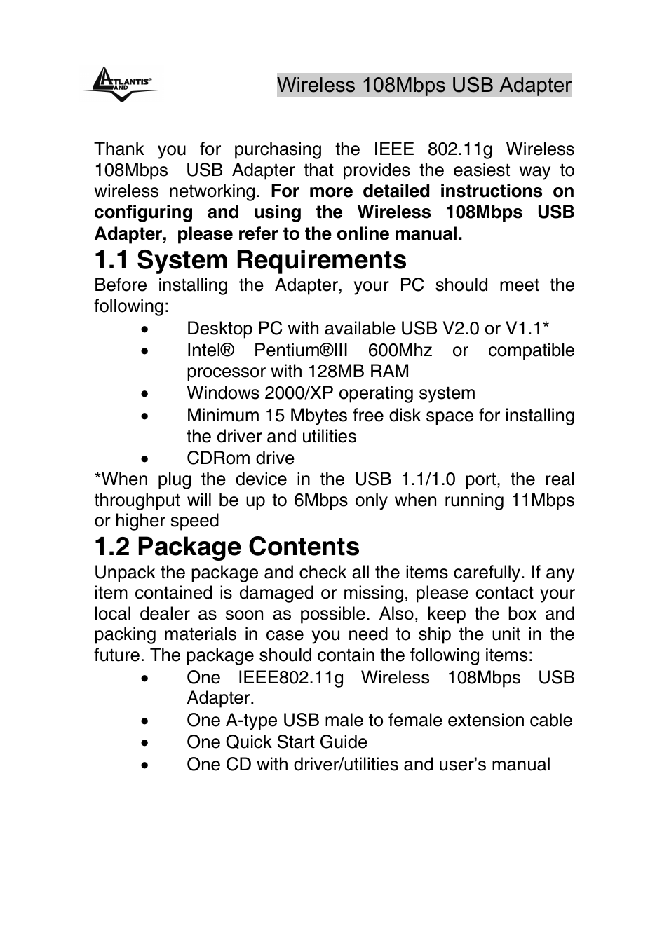 1 system requirements, 2 package contents | Atlantis Land U-108 User Manual | Page 4 / 8