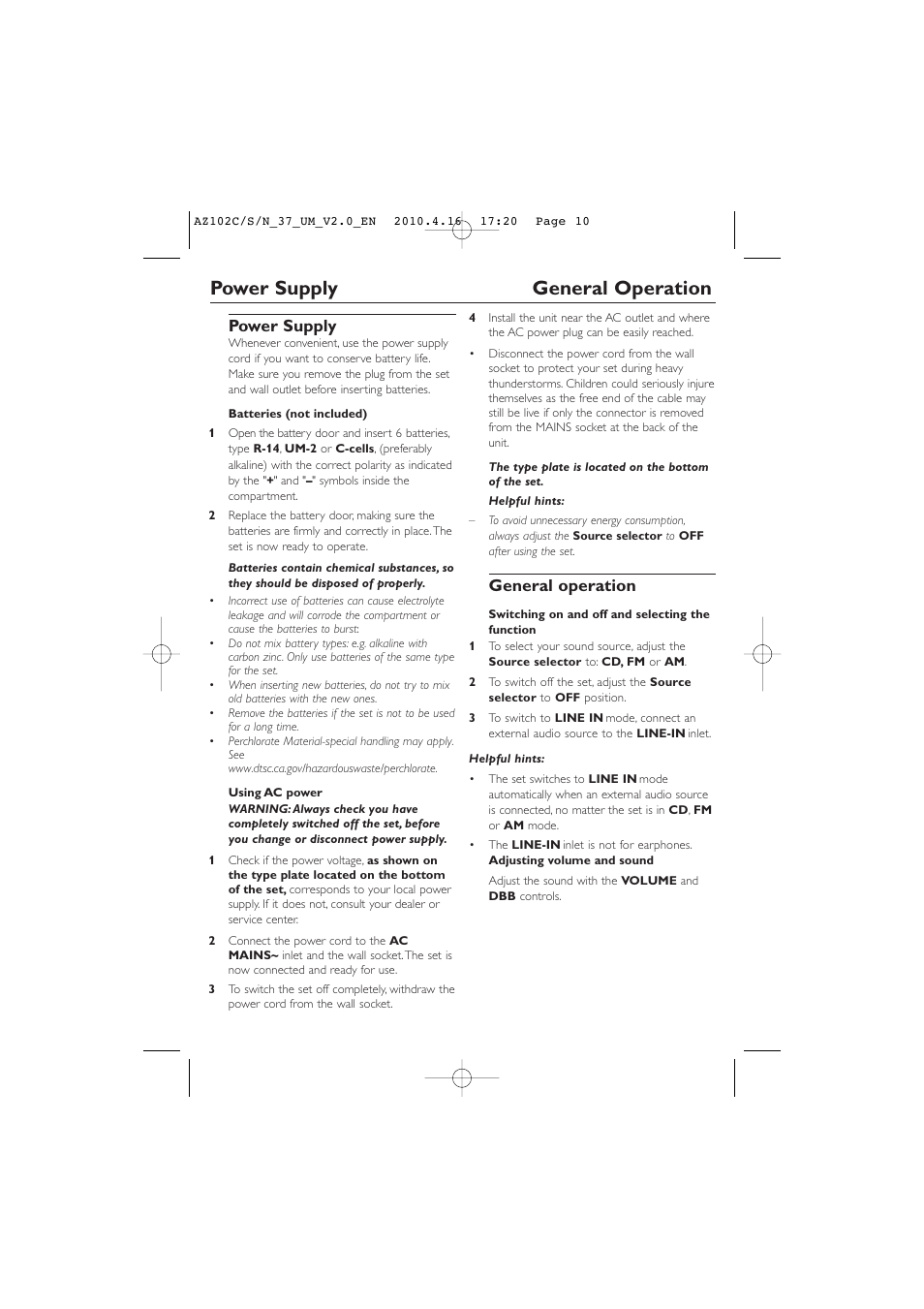 Power supply general operation, Power supply, General operation | Philips AZ102C-37 User Manual | Page 10 / 17