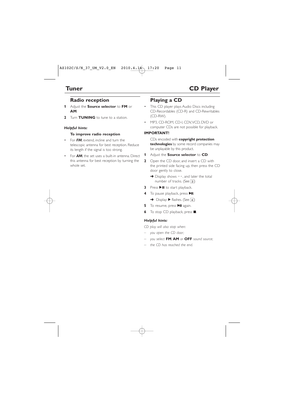 Tuner cd player, Radio reception, Playing a cd | Philips AZ102C-37 User Manual | Page 11 / 17