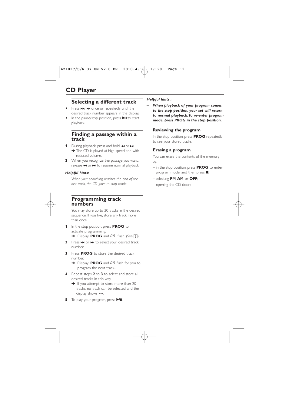 Cd player, Selecting a different track, Finding a passage within a track | Programming track numbers | Philips AZ102C-37 User Manual | Page 12 / 17