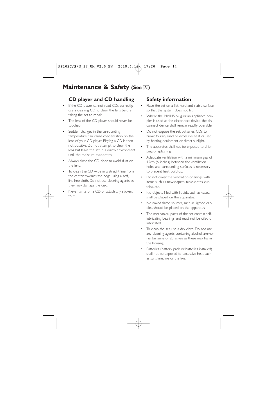 Maintenance & safety, Cd player and cd handling, Safety information | See 8 ) | Philips AZ102C-37 User Manual | Page 14 / 17