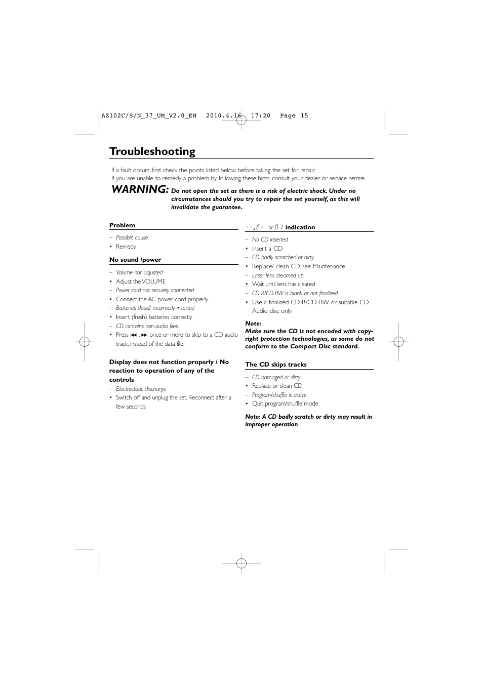 Troubleshooting, Warning | Philips AZ102C-37 User Manual | Page 15 / 17