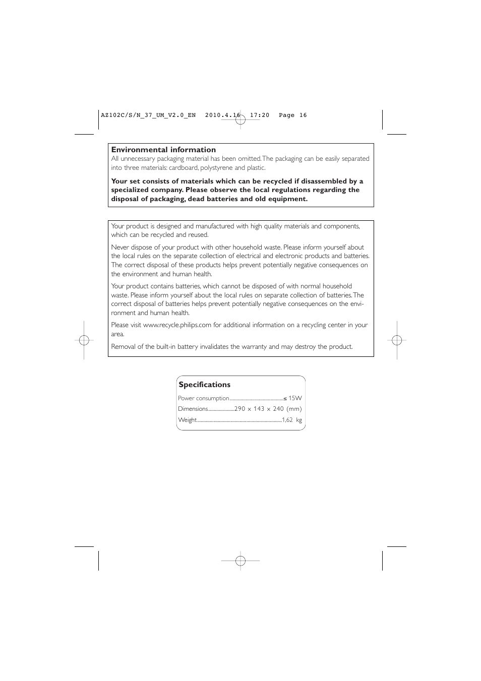Philips AZ102C-37 User Manual | Page 16 / 17