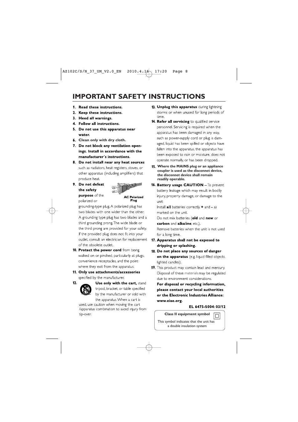 Important safety instructions | Philips AZ102C-37 User Manual | Page 8 / 17