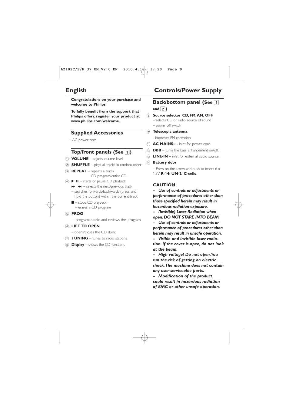 English controls/power supply, Supplied accessories, Top/front panels | Back/bottom panel | Philips AZ102C-37 User Manual | Page 9 / 17