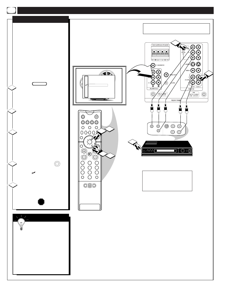 Sing the, Udio, Ideo | Nput, Acks, Continued, Video out jacks from the dvd player to the (y p, Stop | Philips 60PP960199 User Manual | Page 36 / 58
