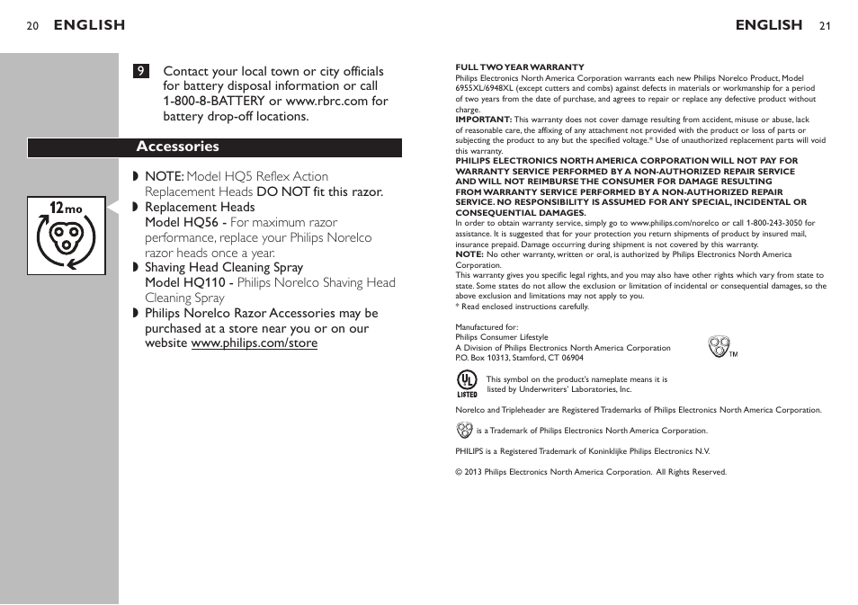 Accessories, English | Philips Norelco Shaver 2100 Series 2000 dry electric shaver 6948XL-41 CloseCut heads Flex & Float system 35 min shaving 8 hour charge User Manual | Page 11 / 11
