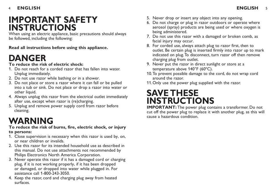 Save these instructions, Important safety instructions, Danger | Warning | Philips Norelco Shaver 2100 Series 2000 dry electric shaver 6948XL-41 CloseCut heads Flex & Float system 35 min shaving 8 hour charge User Manual | Page 3 / 11