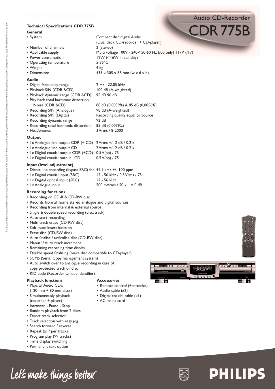 Cdr 775b, 700+ series cd player, Audio cd-recorder | Philips CDR775BK98 User Manual | Page 2 / 2