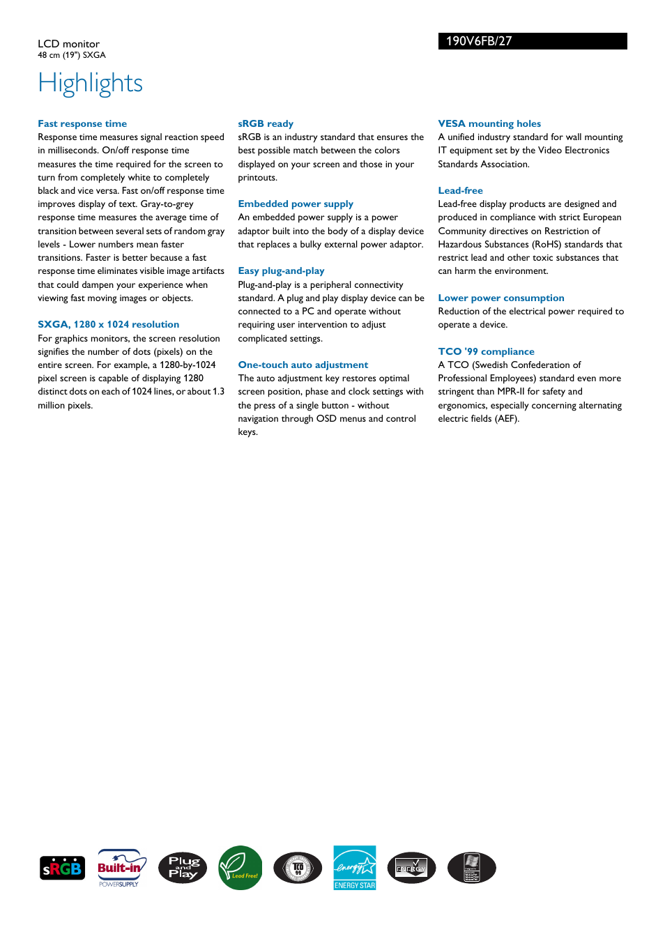 Highlights | Philips 190V6FB-27 User Manual | Page 2 / 3