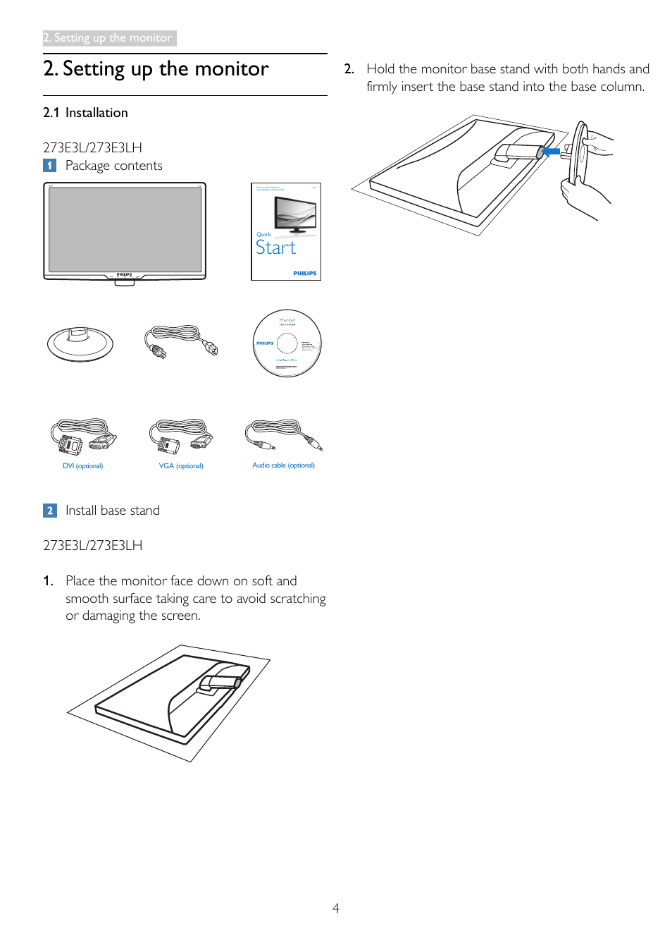 Start, Setting up the monitor | Philips 273E3LSB-00 User Manual | Page 6 / 41