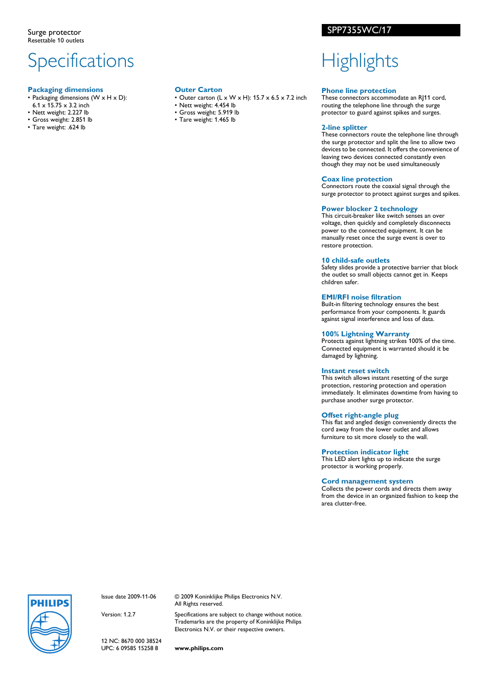 Specifications, Highlights | Philips SPP7355WC-17 User Manual | Page 2 / 2