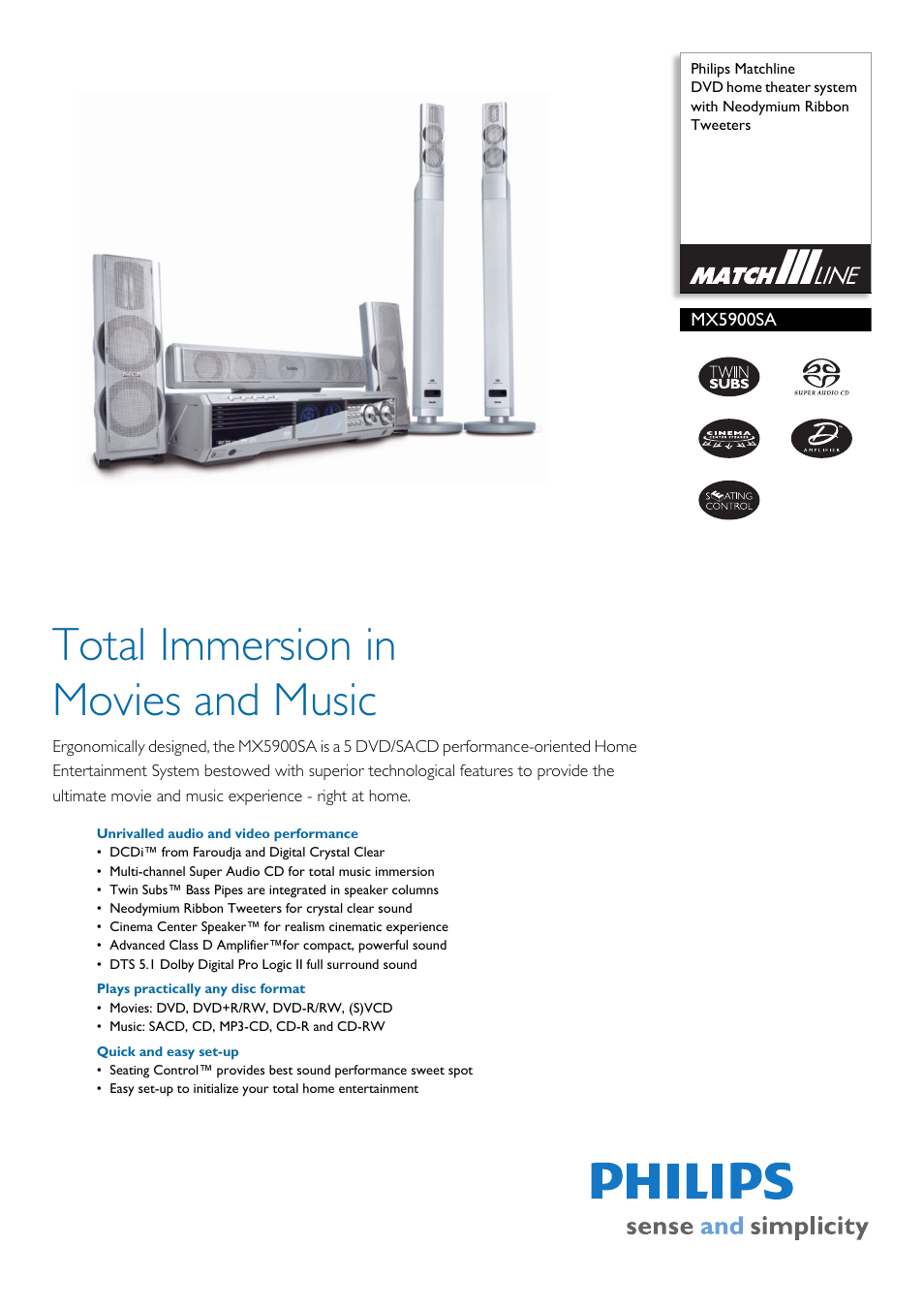 Philips Matchline DVD home theater system MX5900SA with Neodymium Ribbon Tweeters User Manual | 2 pages