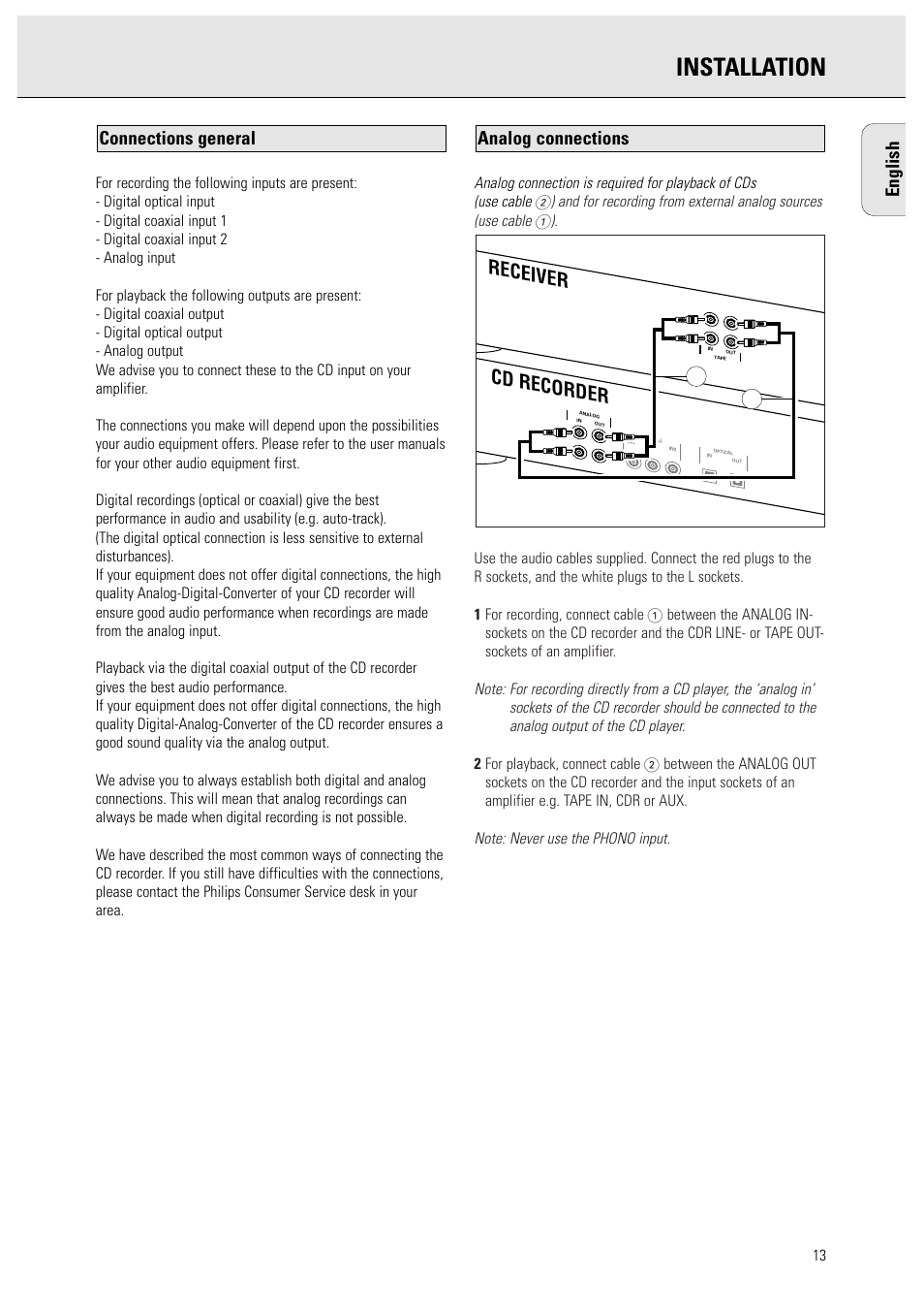 Installation, Cd recorder receiver, English | Analog connections connections general | Philips CDR950BK User Manual | Page 13 / 29