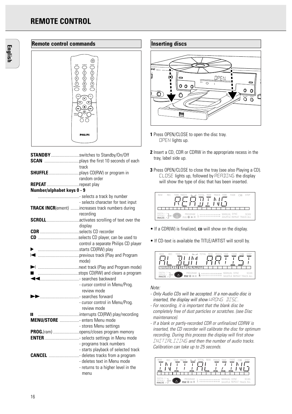 Remote control, English, Inserting discs | Remote control commands | Philips CDR950BK User Manual | Page 16 / 29