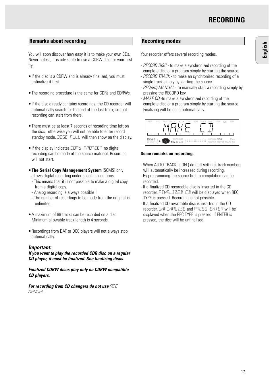 Recording, English, Important | Recording modes remarks about recording | Philips CDR950BK User Manual | Page 17 / 29