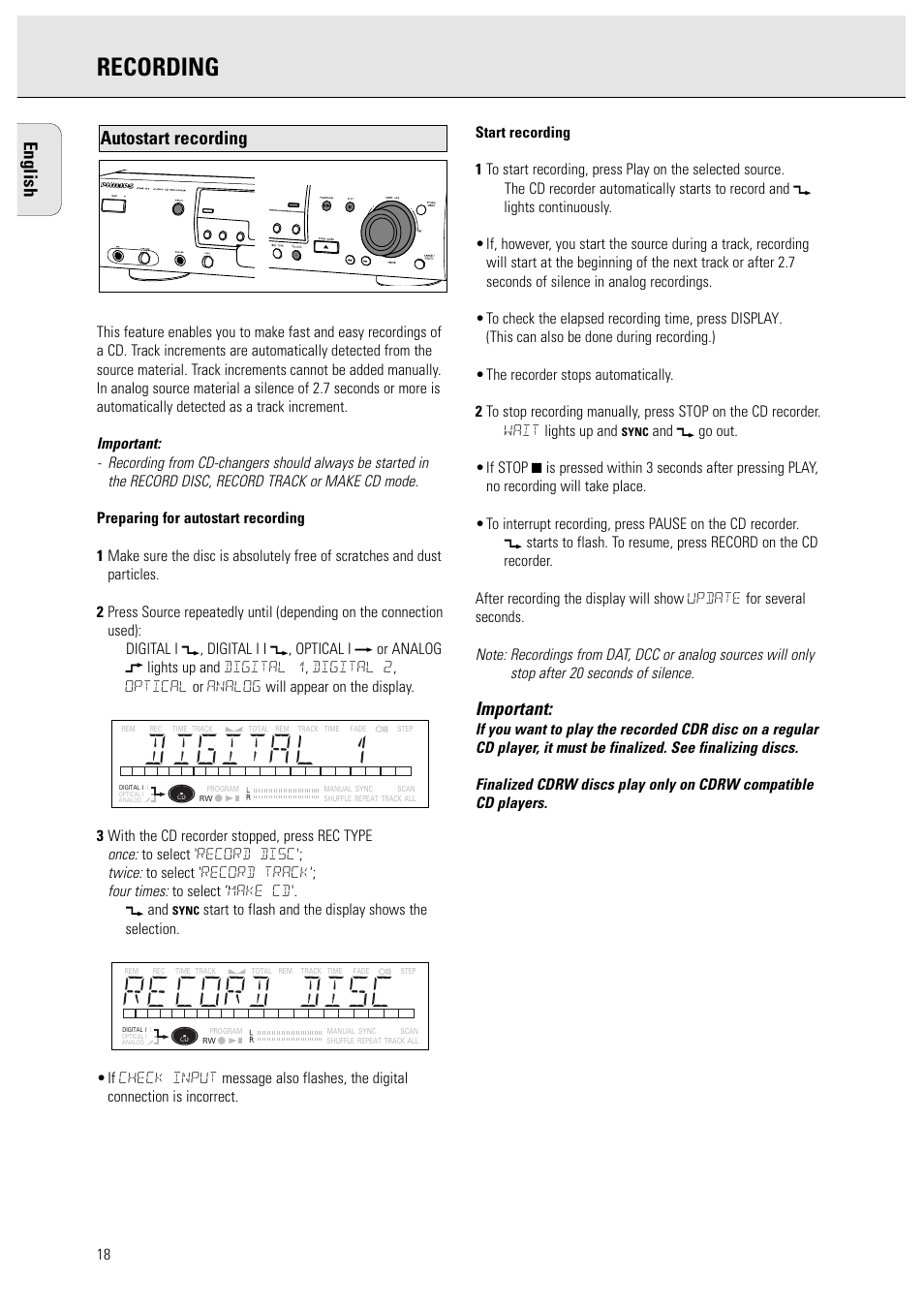 Recording, English, Important | Autostart recording | Philips CDR950BK User Manual | Page 18 / 29