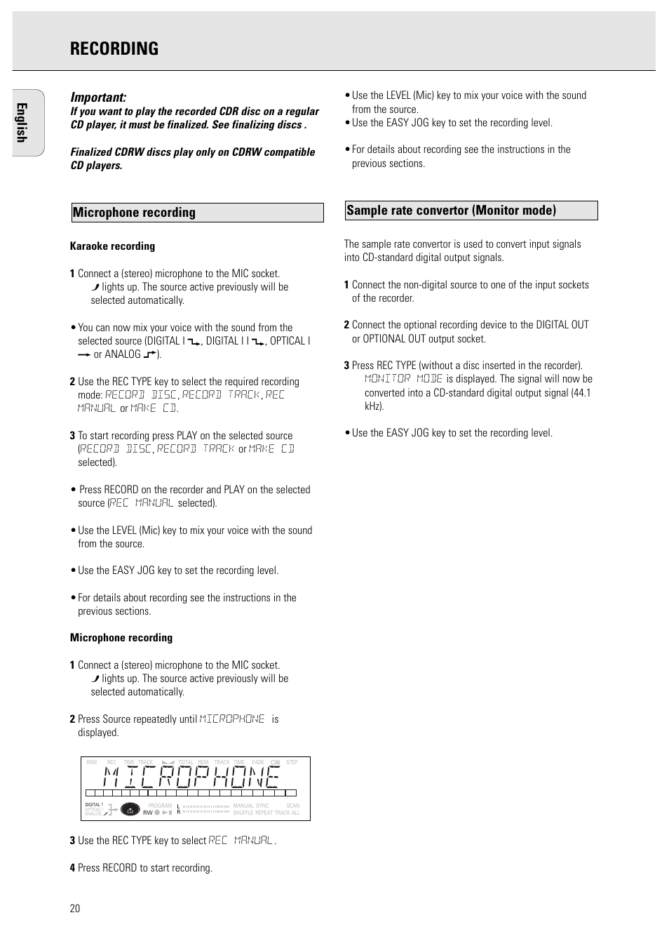 Recording, English, Important | Sample rate convertor (monitor mode), Microphone recording | Philips CDR950BK User Manual | Page 20 / 29