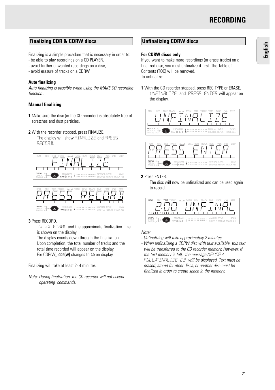 Recording, English, Unfinalizing cdrw discs | Finalizing cdr & cdrw discs, Changes to | Philips CDR950BK User Manual | Page 21 / 29