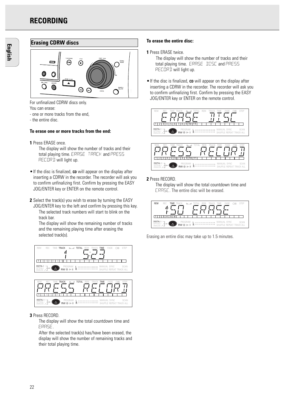 Recording, English, Erasing cdrw discs | Philips CDR950BK User Manual | Page 22 / 29