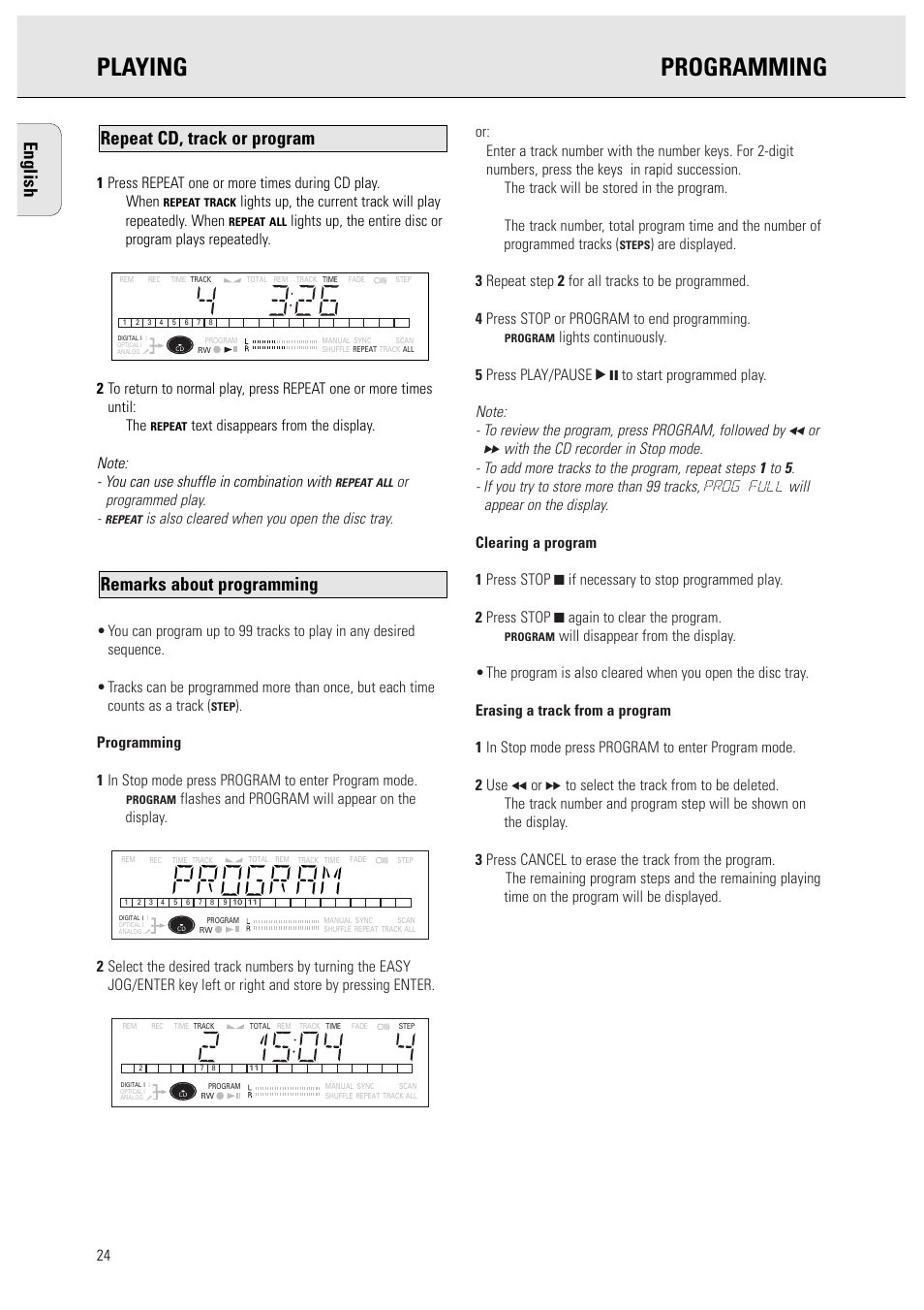 Playing programming, English, Remarks about programming | Repeat cd, track or program, Or programmed play | Philips CDR950BK User Manual | Page 24 / 29