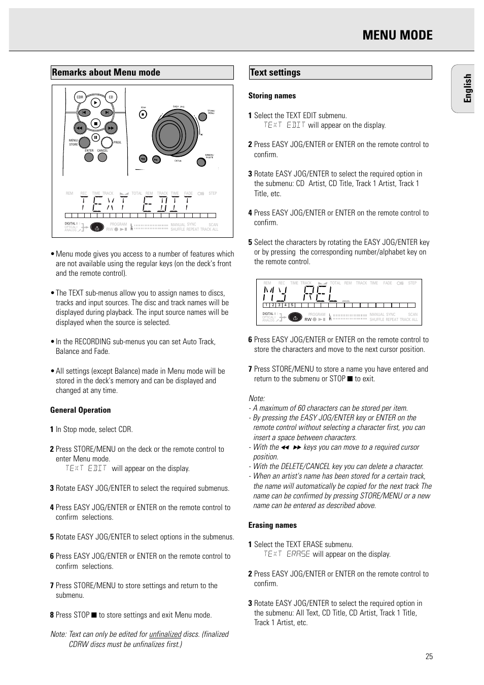 Menu mode, English, Text settings | Remarks about menu mode | Philips CDR950BK User Manual | Page 25 / 29