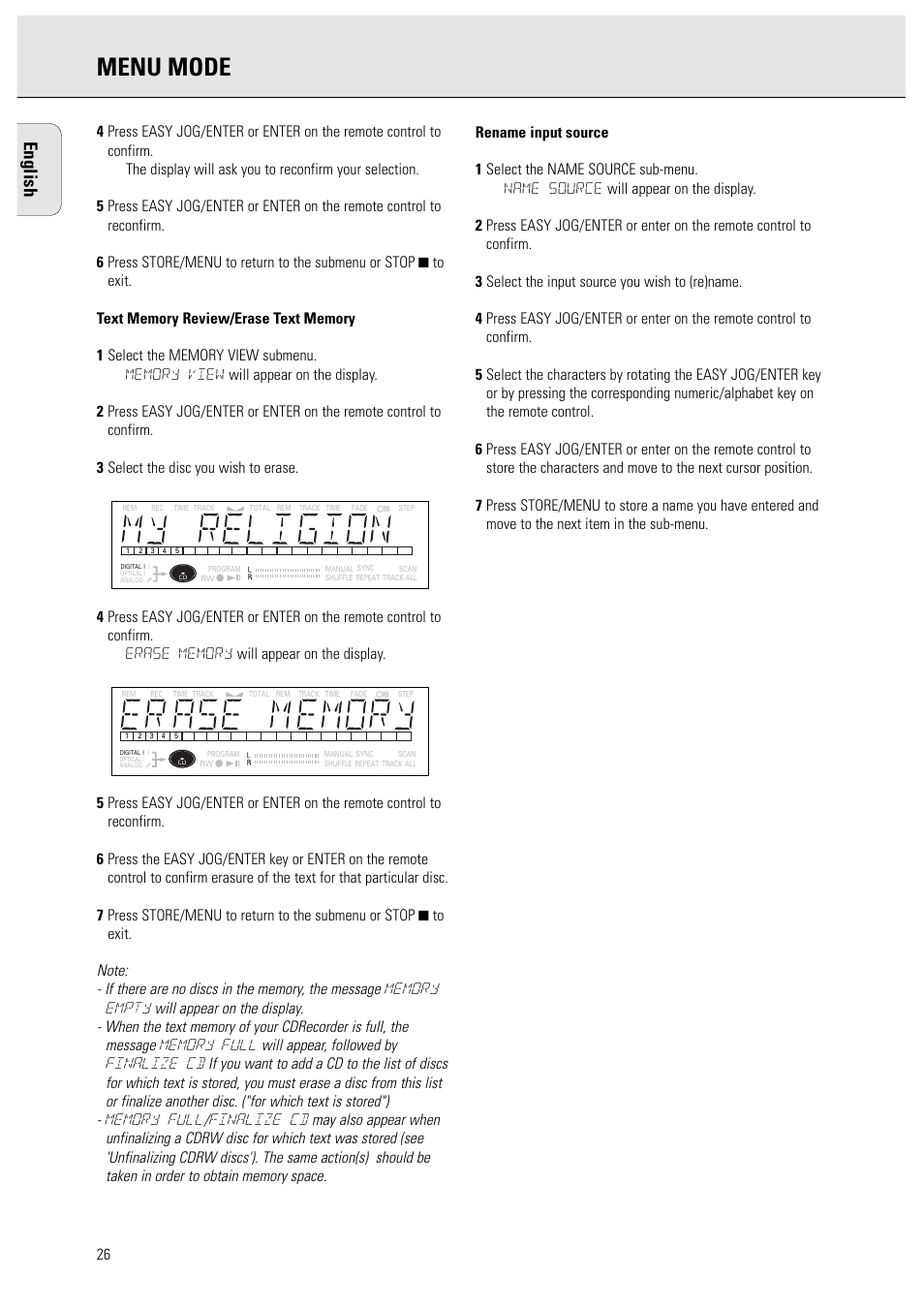 Menu mode, English | Philips CDR950BK User Manual | Page 26 / 29