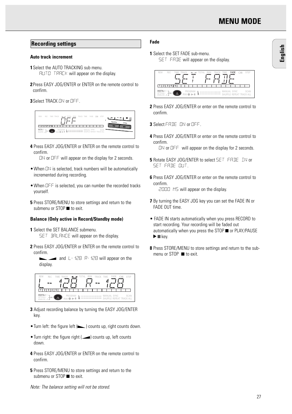 Menu mode, Recording settings, English | Philips CDR950BK User Manual | Page 27 / 29