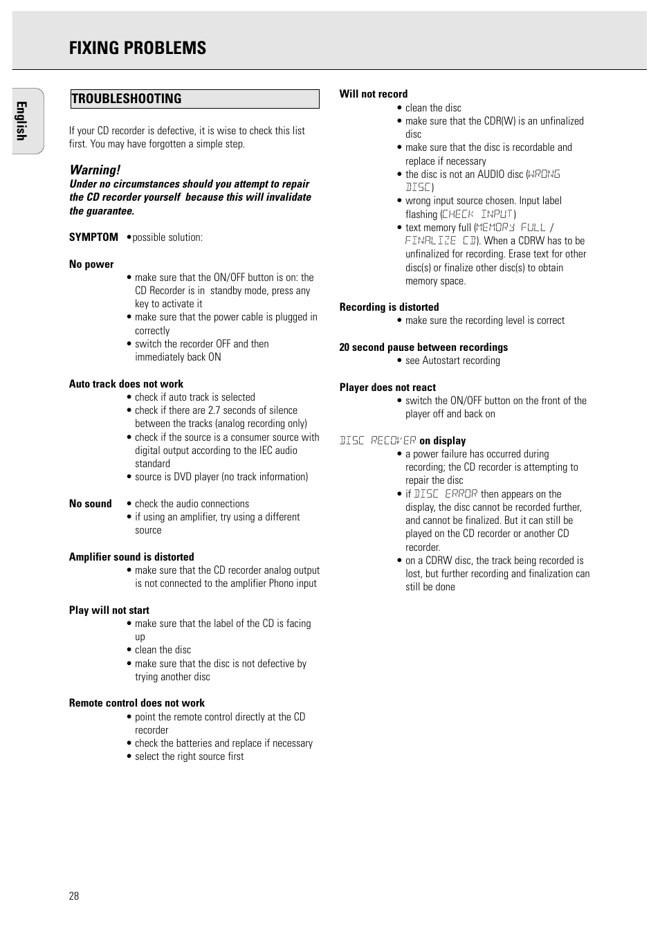 Fixing problems | Philips CDR950BK User Manual | Page 28 / 29