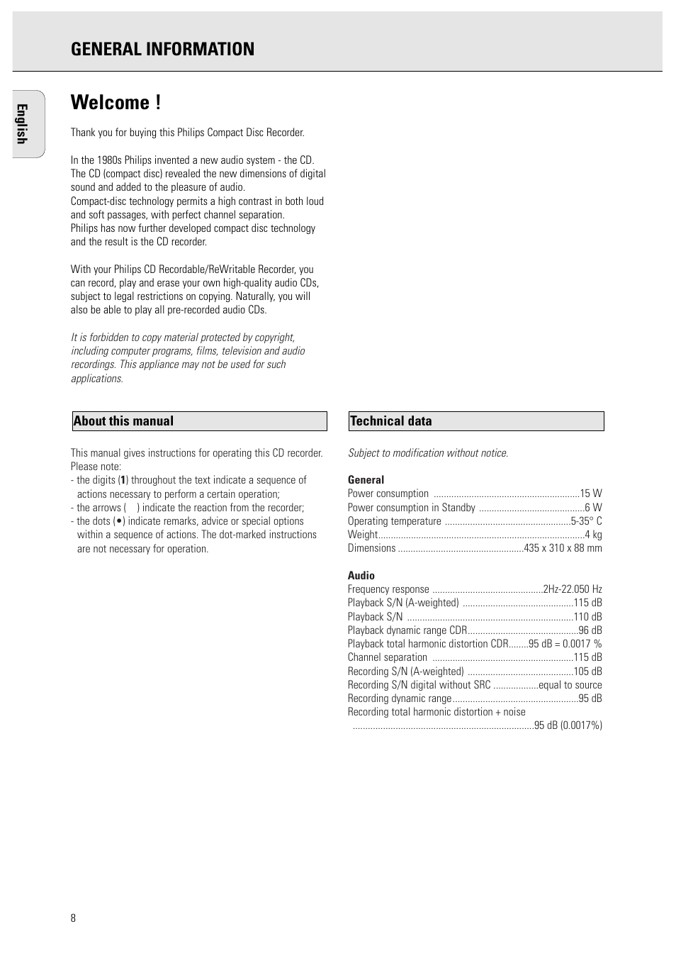 Welcome, General information | Philips CDR950BK User Manual | Page 8 / 29