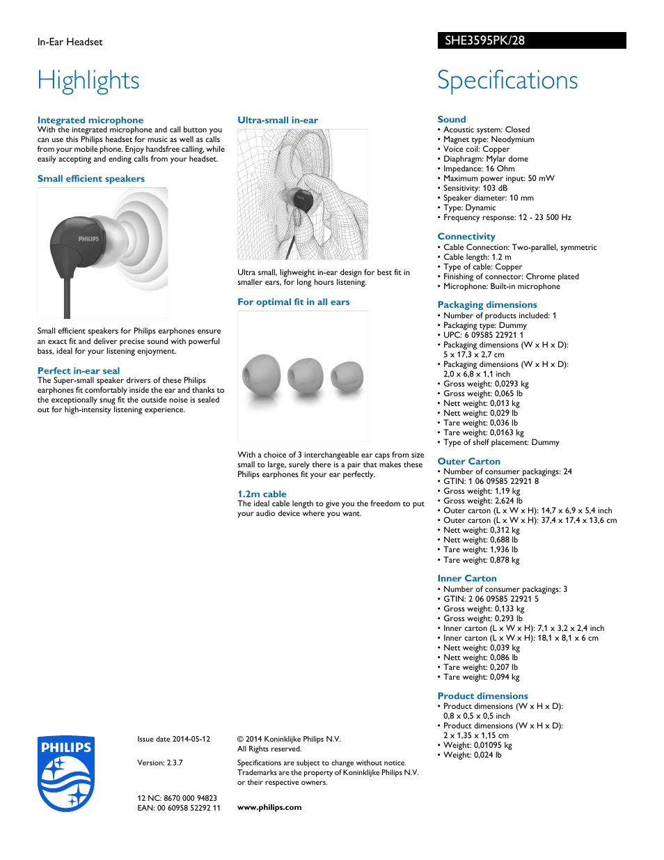 Highlights, Specifications | Philips SHE3595PK-28 User Manual | Page 2 / 2