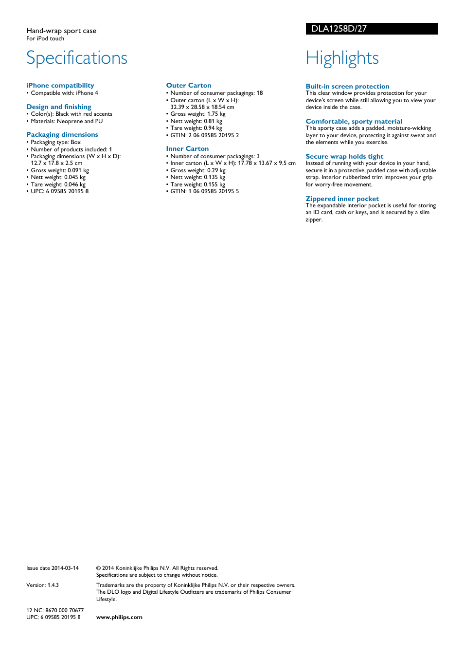 Specifications, Highlights | Philips DLA1258D-27 User Manual | Page 2 / 2