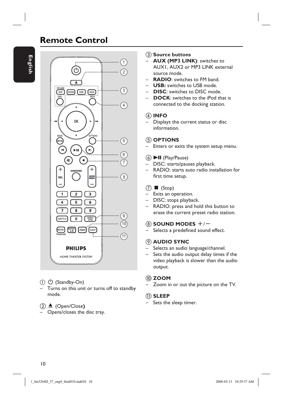 Remote control | Philips HTS3264D-37B User Manual | Page 10 / 55