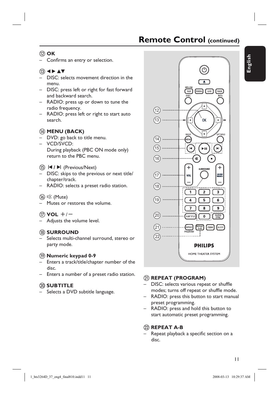 Remote control | Philips HTS3264D-37B User Manual | Page 11 / 55