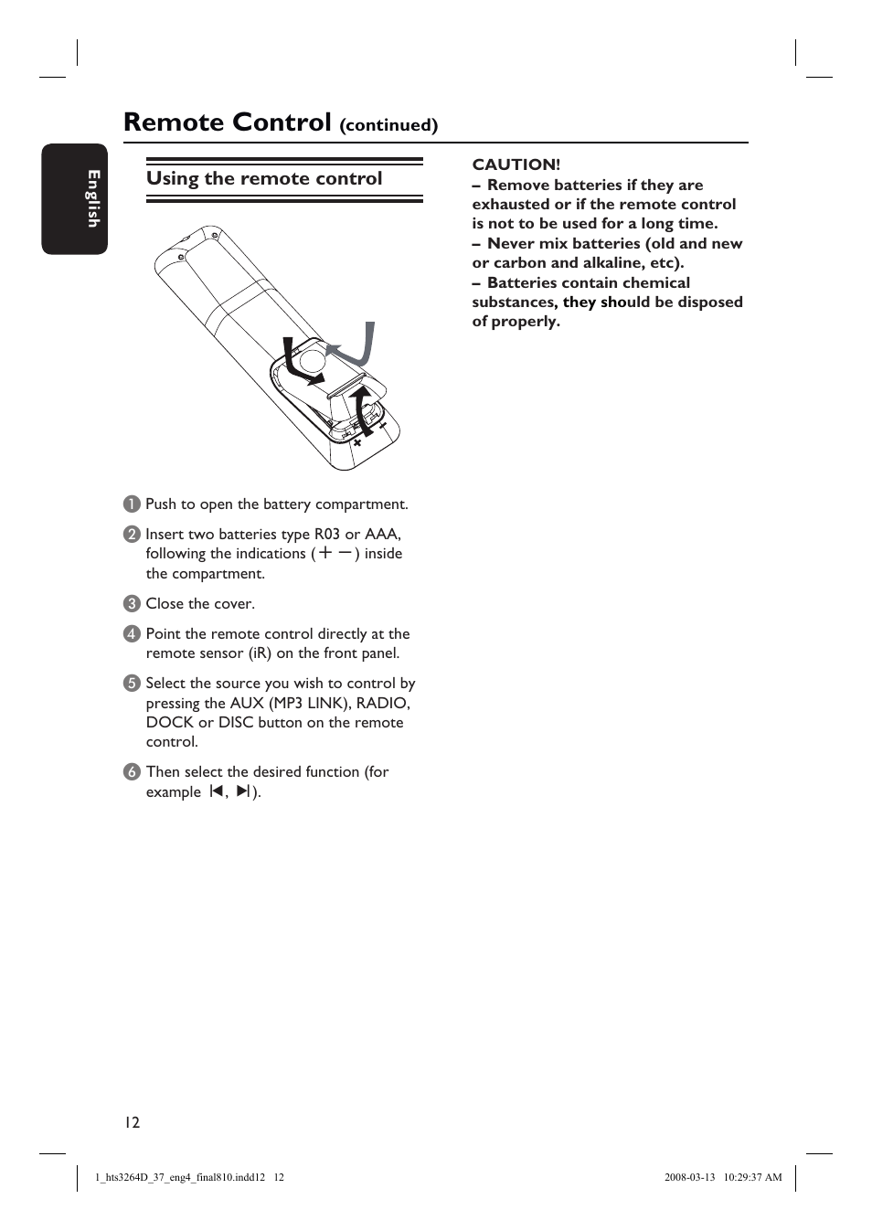 Remote control, Using the remote control | Philips HTS3264D-37B User Manual | Page 12 / 55