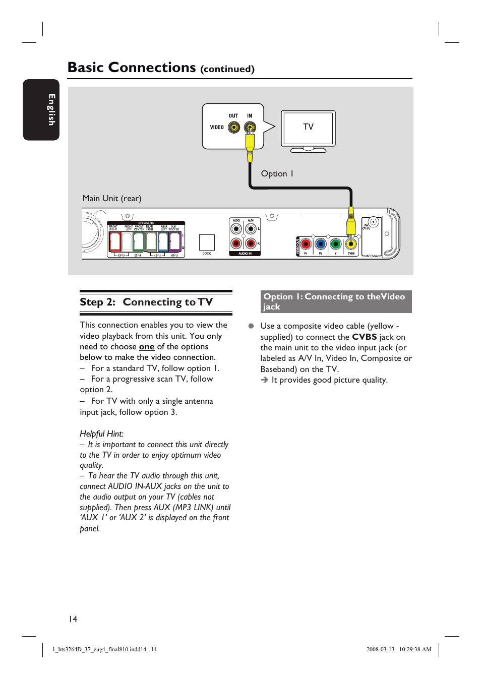 Basic connections, Step 2: connecting to tv | Philips HTS3264D-37B User Manual | Page 14 / 55