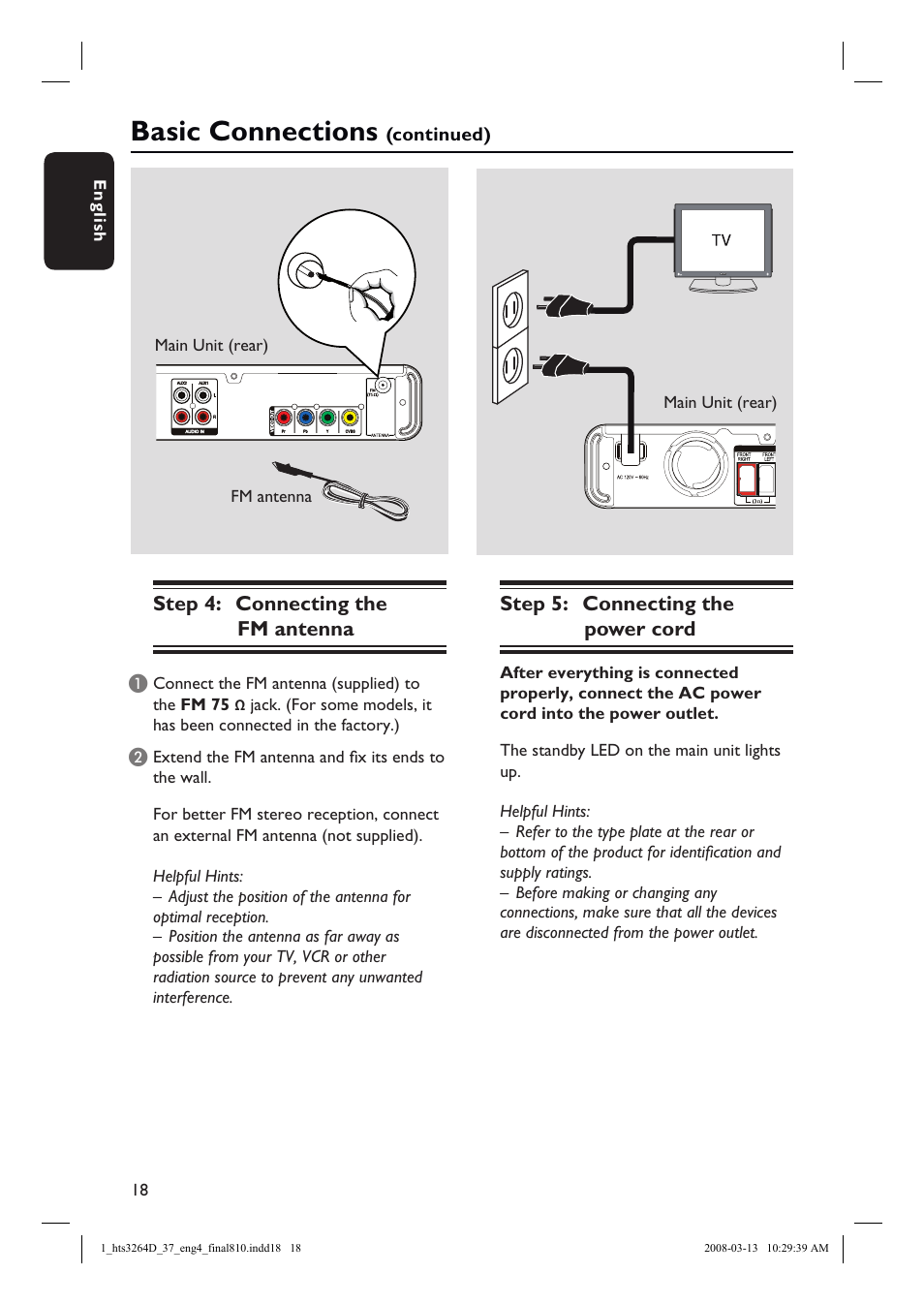 Basic connections, Step 4: connecting the fm antenna, Step 5: connecting the power cord | Philips HTS3264D-37B User Manual | Page 18 / 55