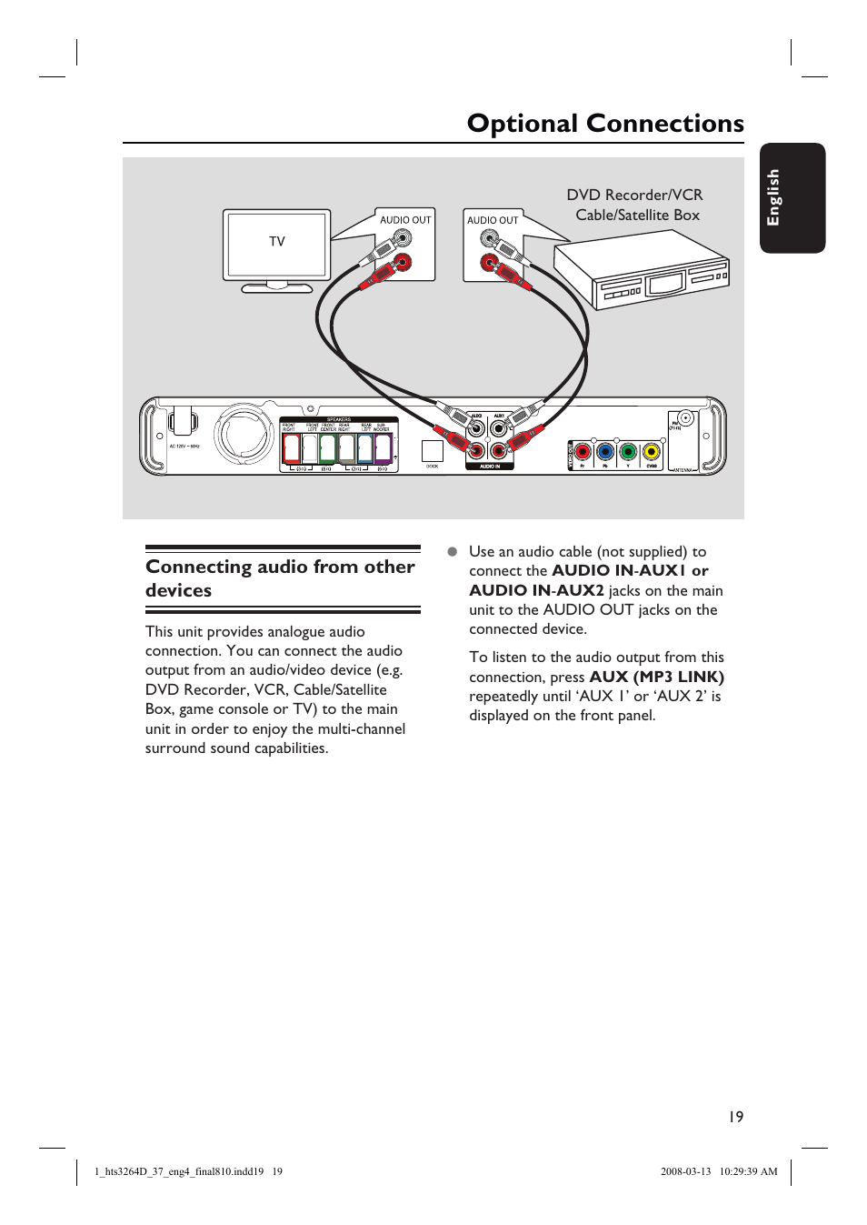 Optional connections, Connecting audio from other devices | Philips HTS3264D-37B User Manual | Page 19 / 55