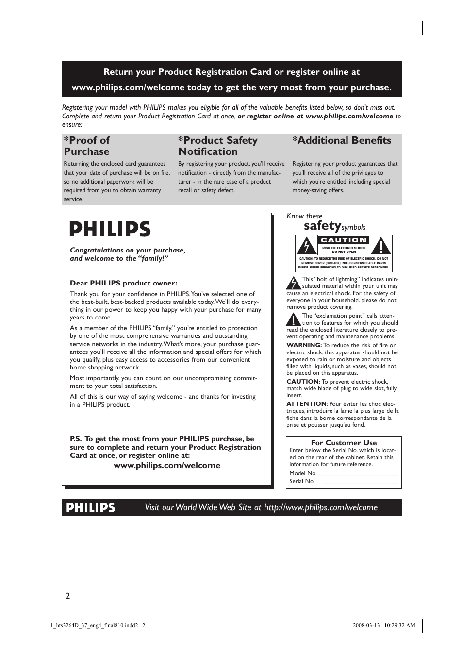 Safety, Proof of purchase, Product safety notification | Additional benefits | Philips HTS3264D-37B User Manual | Page 2 / 55