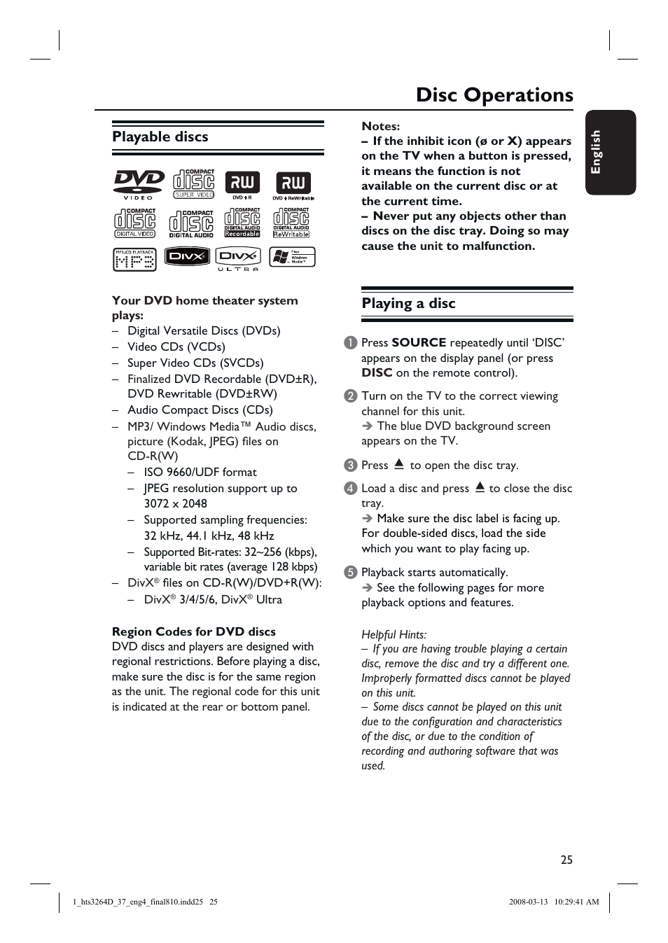 Disc operations, Playable discs, Playing a disc | Philips HTS3264D-37B User Manual | Page 25 / 55